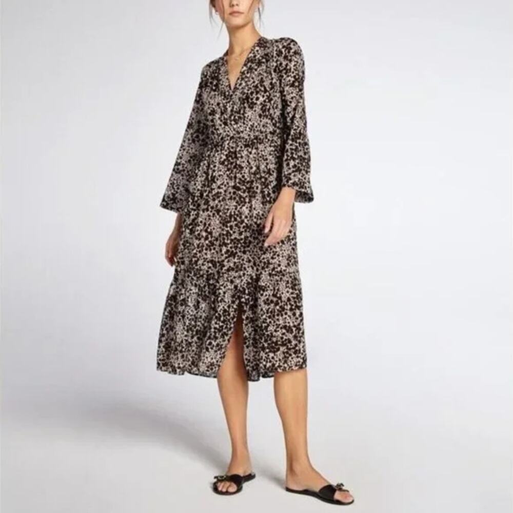 Xirena Leighton Womens Midi Dress Leopard-Print Long Sleeve V-Neck Brown S NEW